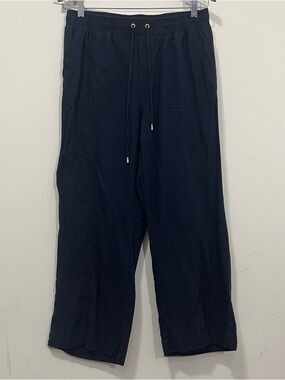 Ellen Tracy Navy Blue Linen Blend Wide Leg Pants Pull On Pockets Drawstring Sz M